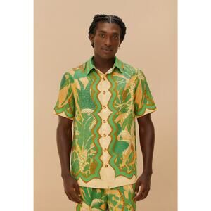 Farm Rio Shirt Mens Large Tropical Isla Green Linen Tropical Hawaiian Casual